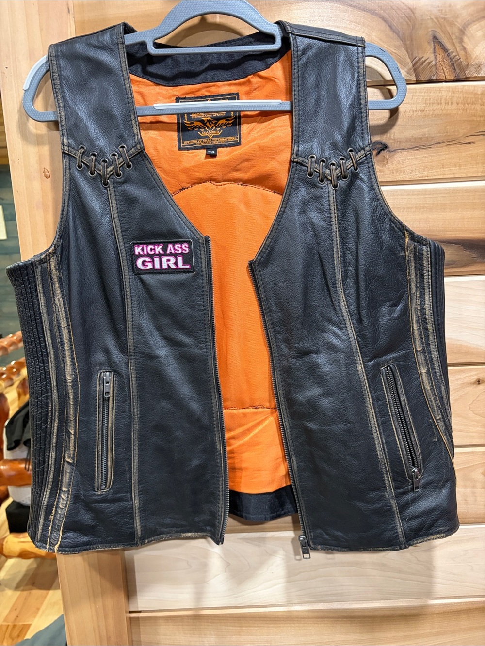 Women's Black Leather Vest with Orange Lining - Kick Ass Girl